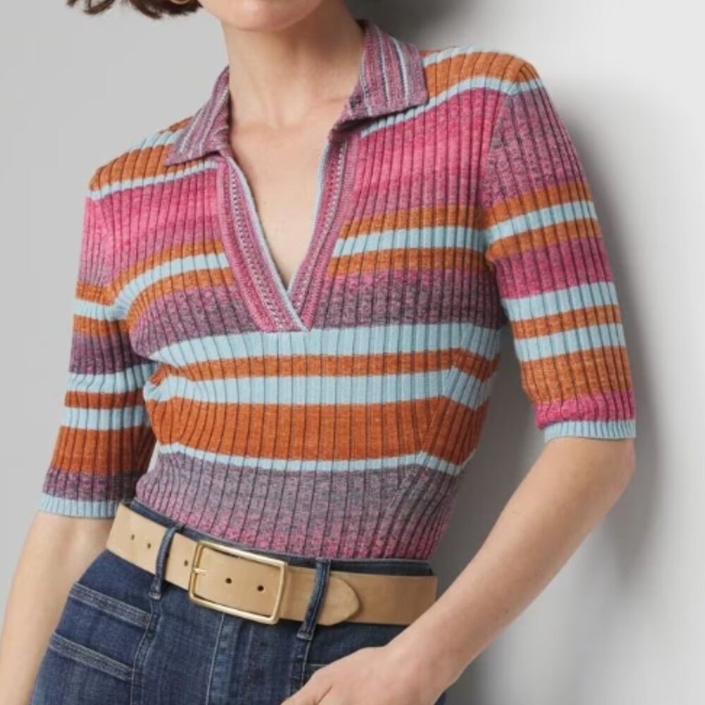 WHBM Elbow-Sleeve Space-Dye Henley Top